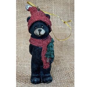 Black Bear Wearing Hat And Scarf Christmas Ornament Rustic Cottage Core Holiday